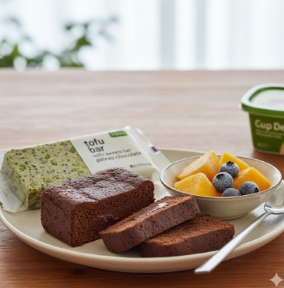 木目のテーブルに置かれた白い皿に、セブンイレブンの「枝豆とひじきの豆腐バー」と「豆腐スイーツバー ガトーショコラ」、そして冷凍のアップルマンゴーとブルーベリーが盛り付けられている。