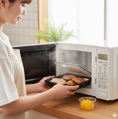 キッチンでエプロンをつけた日本の女性が、温め終わったセブンイレブンの幕の内弁当を電子レンジから取り出し、蓋を少し開けて蒸気を逃がしている様子。