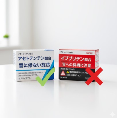 胃への負担が少ないアセトアミノフェン系と、負担に注意が必要なイブプロフェン系（NSAIDs）の鎮痛剤パッケージを比較する画像。