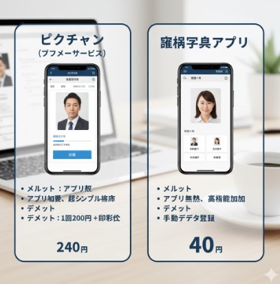スマートフォン画面に表示された「ピクチャン」と無料の「証明写真アプリ」のインターフェースを比較する図