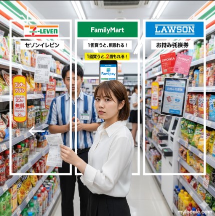 困った表情でコンビニ店員に無料引換券を見せる日本人女性。セブンイレブン、ファミリーマート、ローソンのキャンペーン内容が比較表示されている。