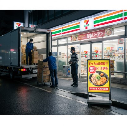 深夜・早朝のコンビニ店舗への商品納品と物流トラックの様子
