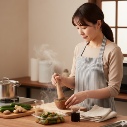 自宅のキッチンで「ピリ辛きゅうり」を作るエプロン姿の日本人女性。蒸気の上がる鍋や調味料が並ぶ。