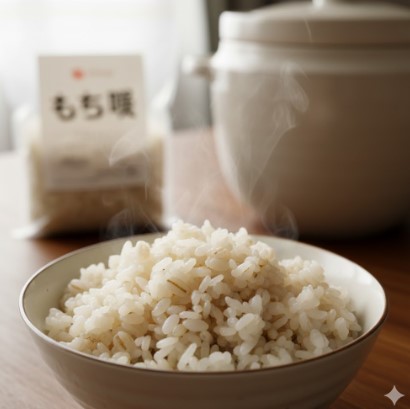 湯気が立ち上る炊きたてのもち麦ごはんが入ったお茶碗。背景には「もち麦」と書かれた袋と、炊飯器がぼんやりと見える。