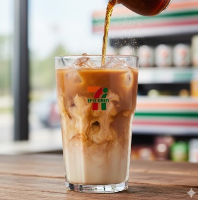 涼しげなガラスカップに入ったアイスミルクティー。アールグレイの茶葉がふわりと香り立つような演出が施され、氷とミルクが混ざり合う様子が食欲をそそる。