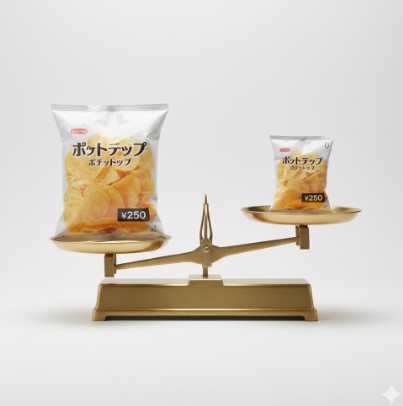 天秤にかけられたコンビニのスナック菓子やポテトチップス。価格を示す数字は変化していないが、内容量の袋（商品）は明らかに小さく軽くなっている様子。シュリンクフレーションの概念を表す。