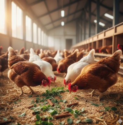 ハーブを配合した飼料で健康的に育てられている鶏の養鶏場。平飼いで高品質な卵の生産をイメージ。