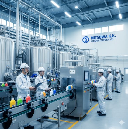 最新鋭の工場内で、白い作業着とヘルメットを着用した複数の日本人作業員が、液体洗剤の製造ラインを監督している。背景には巨大な貯蔵タンクと「MITSUWA K.K. MITSUWA CORPORATION」のロゴが見える。