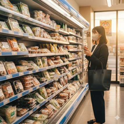 マスクを着用した若い日本人女性が、コンビニエンスストア(ローソンを示唆するサインが遠くに見える)の冷蔵棚の前でスマートフォンを見ながら商品を選んでいる。