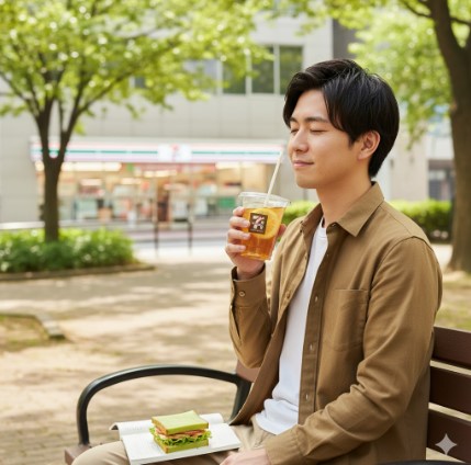 公園のベンチに座ってセブンイレブンのアイスティーを飲み、満足げな表情を浮かべる若い日本人男性。近くにはコンビニのサンドイッチがある。