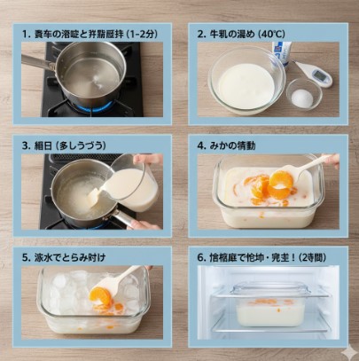 木製の背景に、セブンイレブン風牛乳寒天の調理手順を示す6枚の画像が並べられている。寒天を煮溶かす、牛乳を温める、混ぜ合わせる、みかんを加える、氷水で冷ましながらかき混ぜる、冷蔵庫で冷やし固める、という各ステップが示されている。