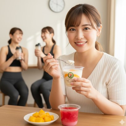 トレーニング後に、つるるん杏仁豆腐を笑顔で食べる日本人女性。手前には冷凍マンゴーとゼロカロリーゼリーがある。