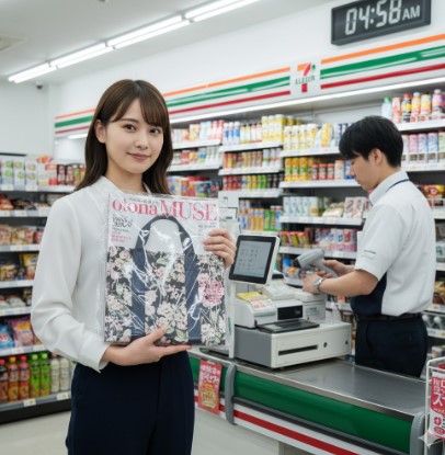 早朝のコンビニエンスストアで、日本人女性が雑誌の付録をレジで購入している様子。