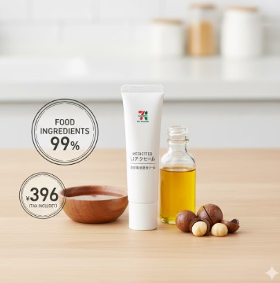 食品成分99%と396円（税込）の表示がある、セブンプレミアムの薬用リップクリームと、マカダミアナッツオイル、ハチミツの成分。