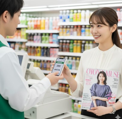 コンビニのレジで、予約した雑誌を受け取っている日本人女性と店員