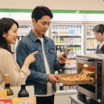 セブンイレブンの店内で、焼き上がったばかりでチーズがとろけるピザをオーブンから取り出し、スマートフォンで撮影する日本人カップル。