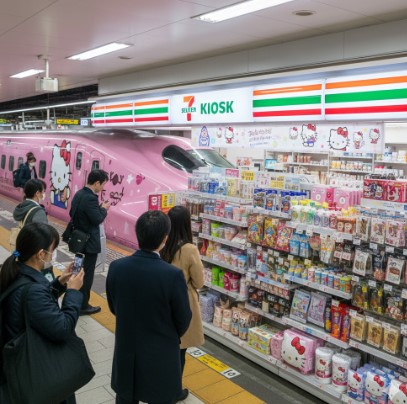 JR西日本のハローキティ新幹線と、駅構内にあるセブン-イレブン キヨスク。地域限定・業態限定のコラボグッズの展開を示唆する、関連性の高いビジュアル。