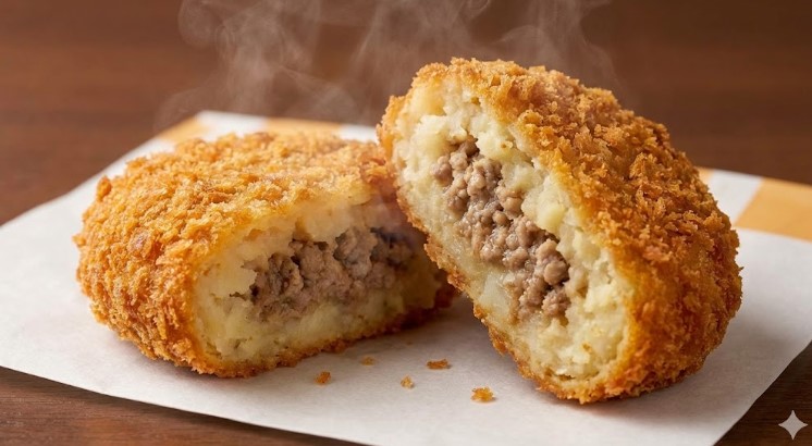 揚げたてで中身がホクホクした牛肉コロッケの断面アップ