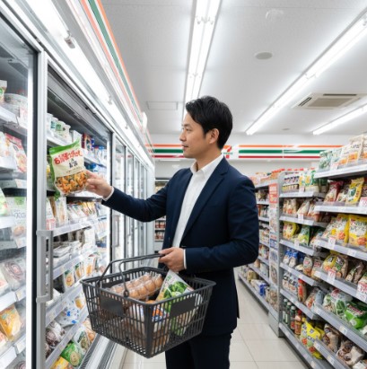 コンビニの冷凍食品コーナーで、日本人男性が買い物かごを持ちながら冷凍野菜を選んでいる。