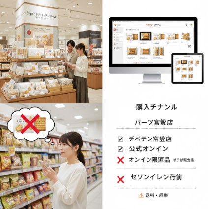 日本のデパートにある「シュガーバターの木」の常設店舗で商品を選ぶ人々。オンラインストアの画面も表示され、セブンイレブン以外の購入チャネルを提示。