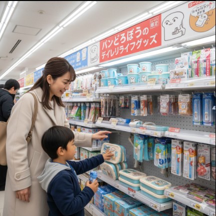 コンビニの店内、「一番くじ」のポップと商品が並ぶ棚の前で、日本人女性と子どもが楽しそうに景品を見ている。様々なキャラクターグッズが展示されている。