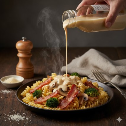 すりおろし野菜ドレッシングを万能調味料として使用した、ベーコンとブロッコリーの「旨みパスタ」。簡単アレンジレシピの調理例。