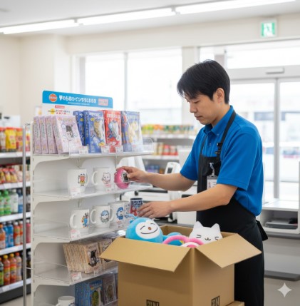 コンビニの店員が、朝の納品時間後に一番くじの景品を店頭に陳列準備している様子。発売時間は店舗によって異なることを示唆している。