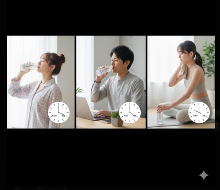 3分割された画像。左から、パジャマ姿で朝に水を飲む日本人女性、パソコン作業中に水を飲む日本人男性、ヨガマットの上でタオルを持ち水を飲む日本人女性。それぞれのシーンに時計のアイコンで時刻(朝6時半、午後2時、午後7時45分)が示されている。