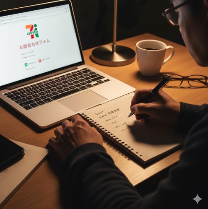 苦情の内容(5W1H)を整理するため、デスクでノートパソコンの傍ら、メモ帳にペンで要点を書き出している手元。