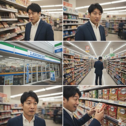 複数の画像で構成されたモンタージュ。男性がコンビニで鬼滅の刃ウエハースを探し、見つけた様子が描かれている。