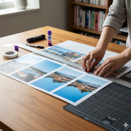 印刷したポスターを貼り合わせるために、カッター、定規、カッターマット、両面テープが作業机に準備されている様子。