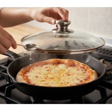 フライパンで少量の水を加えて蓋をし、水蒸気で冷凍ピザをふっくらと温め直している様子。