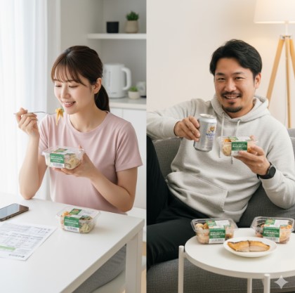 ダイエット中の女性と、ビールを片手におつまみを楽しむ男性が並んでおり、それぞれのライフスタイルに合わせたセブンイレブンカップデリの選び方を象徴している。