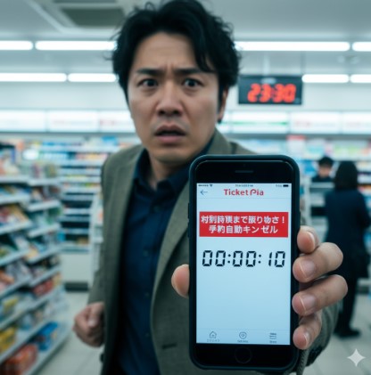 焦った表情の日本人男性が、スマートフォンの画面に表示された「支払期限まで残りわずか!予約自動キャンセル」の警告とカウントダウンタイマーをセブンイレブンの店内で見せている。