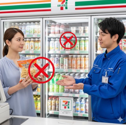 日本人女性客が冷凍餃子をコンビニの店員に差し出すが、店員が両手でクール便を受け付けられないことを説明している。背景には冷蔵ケースがある。
