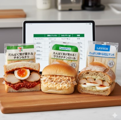 セブンイレブン、ファミリーマート、ローソンの高タンパクサンドイッチ3種類が並べられ、比較表が映し出されたタブレットが背景にある。