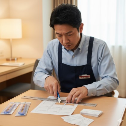 ホテルのデスクで、セブンイレブンで購入したカッターと定規を使い、A4用紙に印刷された名刺データを丁寧にセルフカットするビジネスパーソン