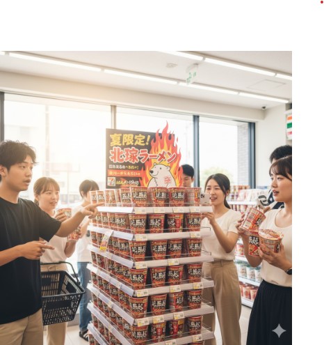 セブンイレブンの店内で、夏限定の「蒙古タンメン中本 北極ラーメン」が大量に陳列された棚を囲んで、若い男女グループが購入を楽しんでいる様子。