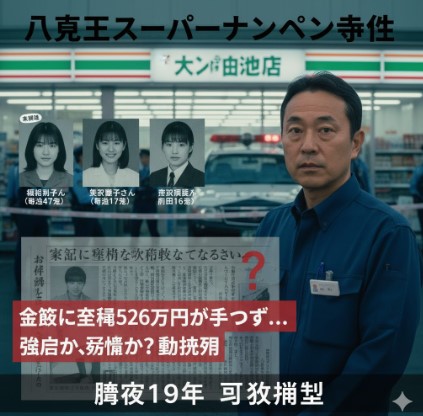 「八王子スーパーナンペイ事件」の見出しの下で、日本の古いスーパーマーケット「ナンペイ大和田店」を背景に、深刻な表情で立つ日本人男性店長。事件の犠牲者の写真や当時の新聞記事がデジタル表示され、金庫から現金が手つかずで残されていた謎を強調している。