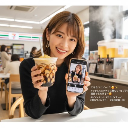 セブンイレブン店内で黒みつトッピングのアイスミルクティーを持ち、スマートフォンに表示された自分の写真を見せている笑顔の女性