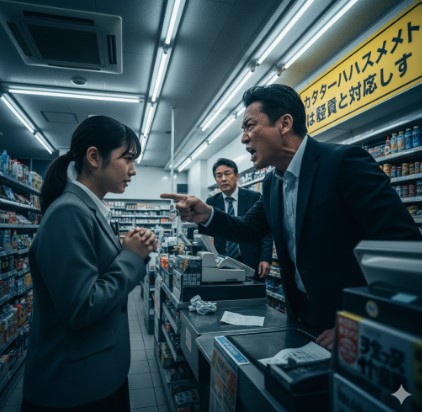 コンビニのレジで店員に怒鳴り散らし、カスタマーハラスメントを行う悪質なクレーマーの男性。