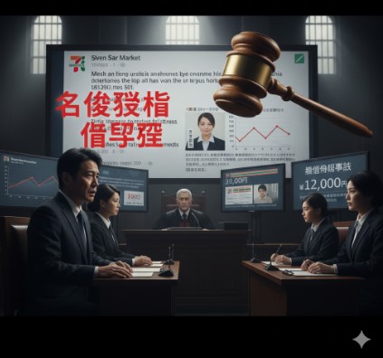裁判所の法廷で、裁判官と弁護士、被告人らしき日本人たちが厳粛な面持ちで座っている。背景にはセブンイレブンに関連すると思われるグラフやSNS投稿が表示された巨大スクリーンがあり、木槌が振り下ろされ「名誉毀損」の文字が赤く強調されている。SNSでのクレームが法的な訴訟に発展する重大なリスクを示唆。