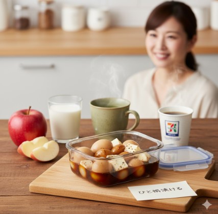 にんにく醤油漬けの残ったタレに、うずらの卵とカットされたベビーチーズを漬け込んでいる様子。タッパーの中で味が染みている。