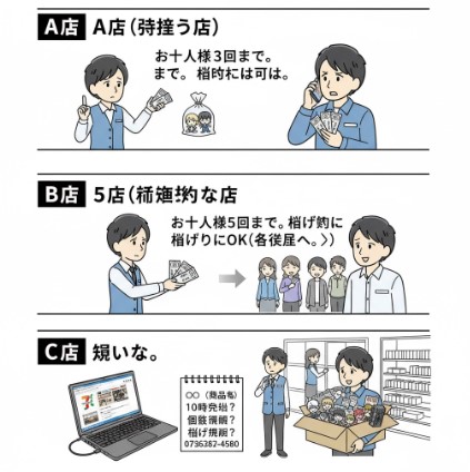 コンビニの一番くじ販売における購入制限と並び直しの可否を説明するイラスト。厳しい制限のA店、標準的なB店、制限が緩いC店が描かれ、客が店員に問い合わせる様子も描かれている。