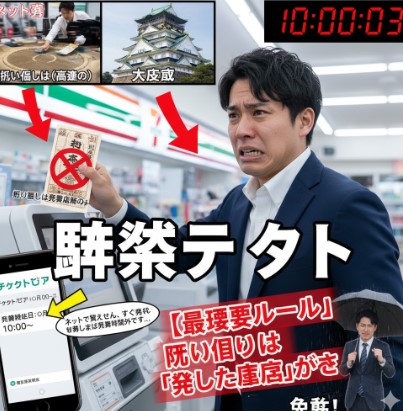 旅行先で発券した相撲チケットが公演中止になり、払い戻しのために再び遠方の店舗へ行かなければならず困り果てるお客様の様子。