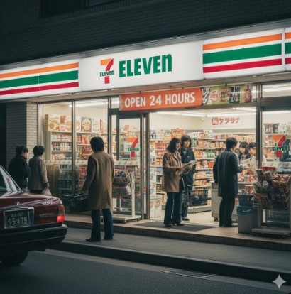 1970年代の日本で24時間営業を開始したセブンイレブンの店舗と買い物客