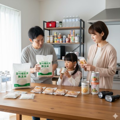 政府備蓄米、レトルトご飯、フリーズドライ食品などを組み合わせた家庭でのローリングストック（防災備蓄）の例。