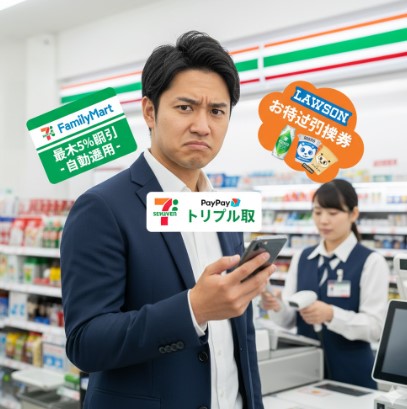 セブンイレブンのレジ前で、どの支払い方法が最もお得か悩む日本人客。ファミペイやローソンのポイント交換券など、様々な選択肢がアイコンで示されている。