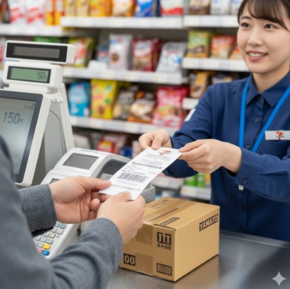 セブンイレブンのレジで宅急便の発送手続きを完了させ、荷物追跡のための控え（レシート）を受け取る日本人客の手元。
