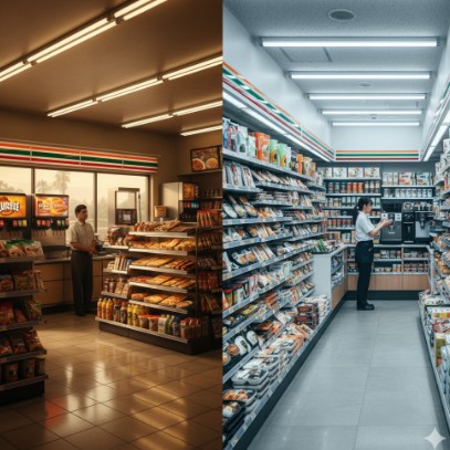 左右に分割された画面。左側にはスラーピーやホットスナックが目立つアメリカのセブンイレブン店内、右側にはお弁当や惣菜が並び店員がコーヒーマシンを操作する日本のセブンイレブン店内。